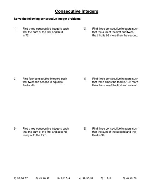 consecutive integers word problems worksheet